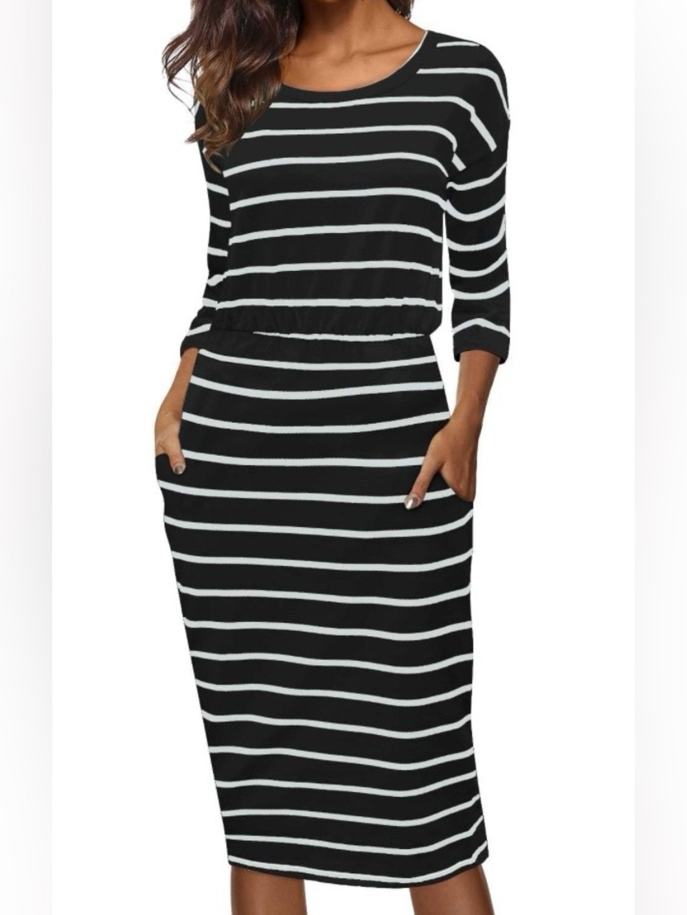 Moyabo Black & White Striped Midi Dress with Pockets NWT